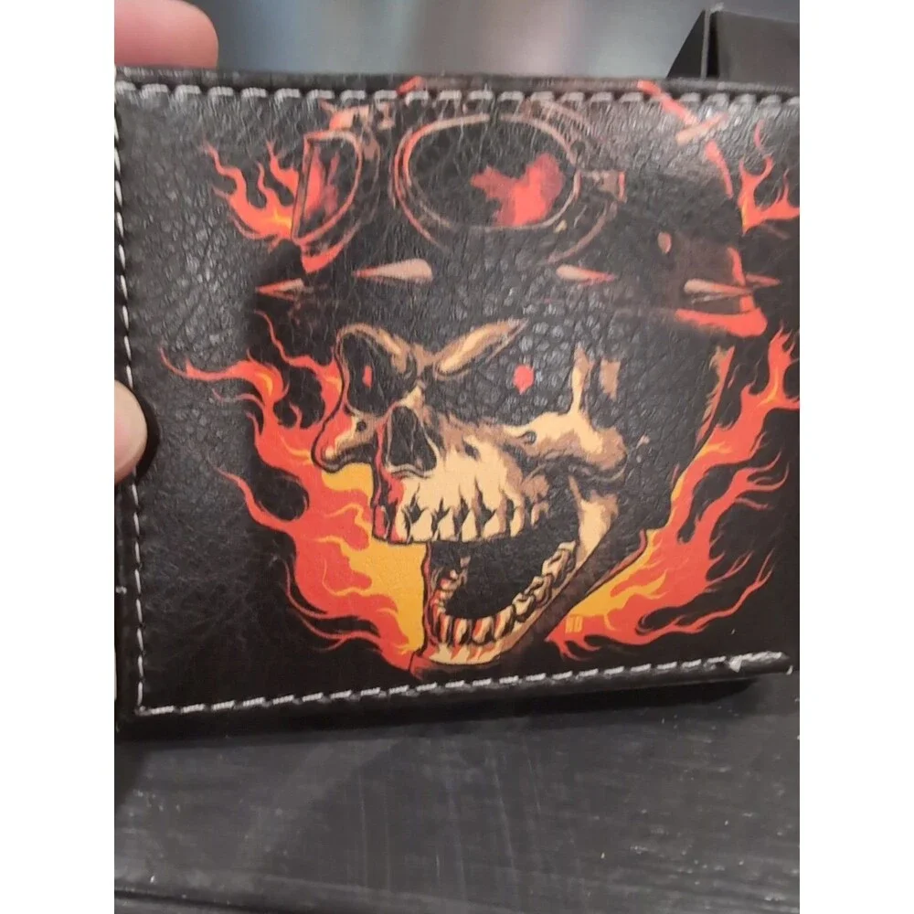 Wild Wear Men’s Bifold Wallet Skull Flames Soldier